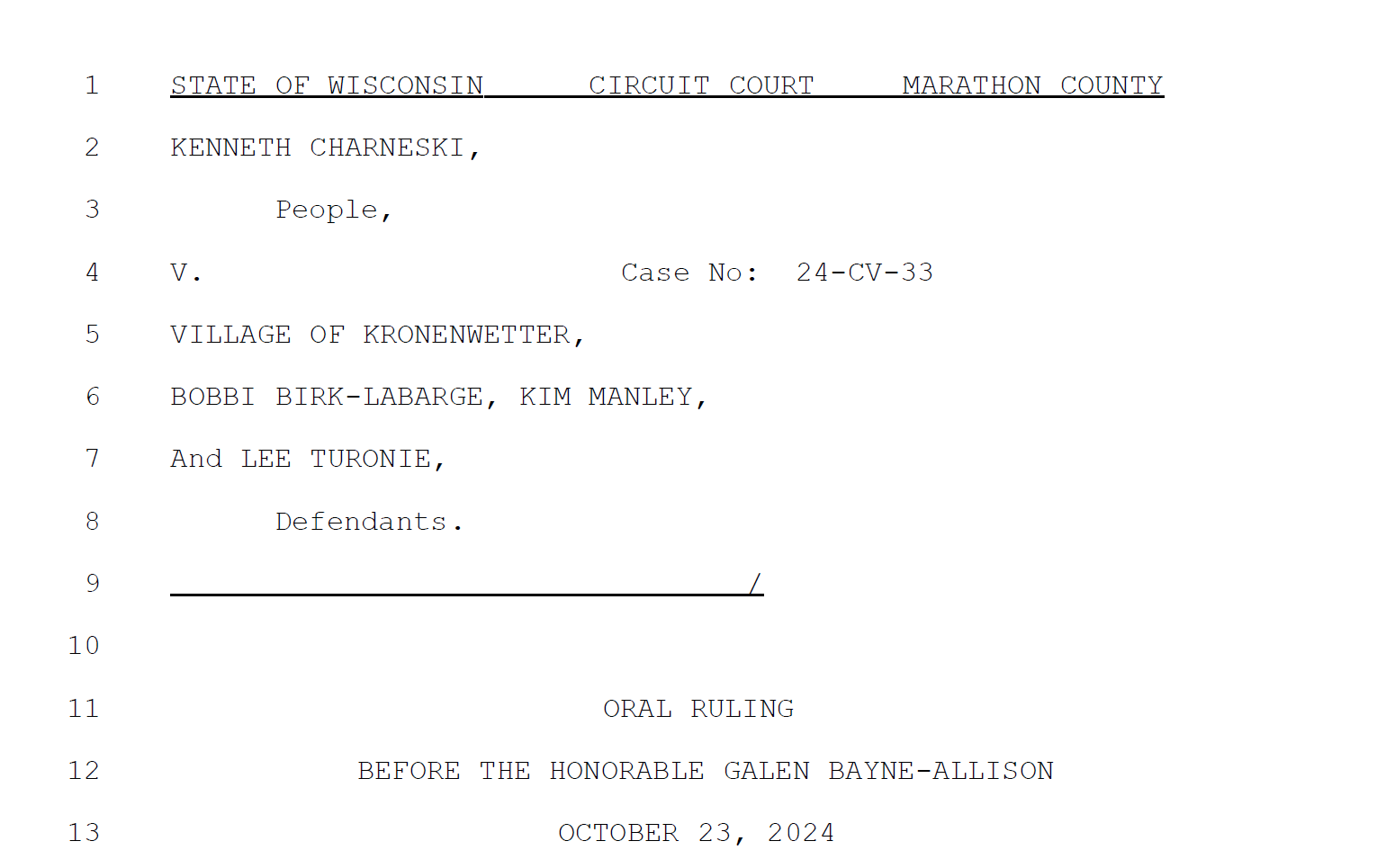 Marathon County Circuit Court Ruling: Ken Charneski v. Village of